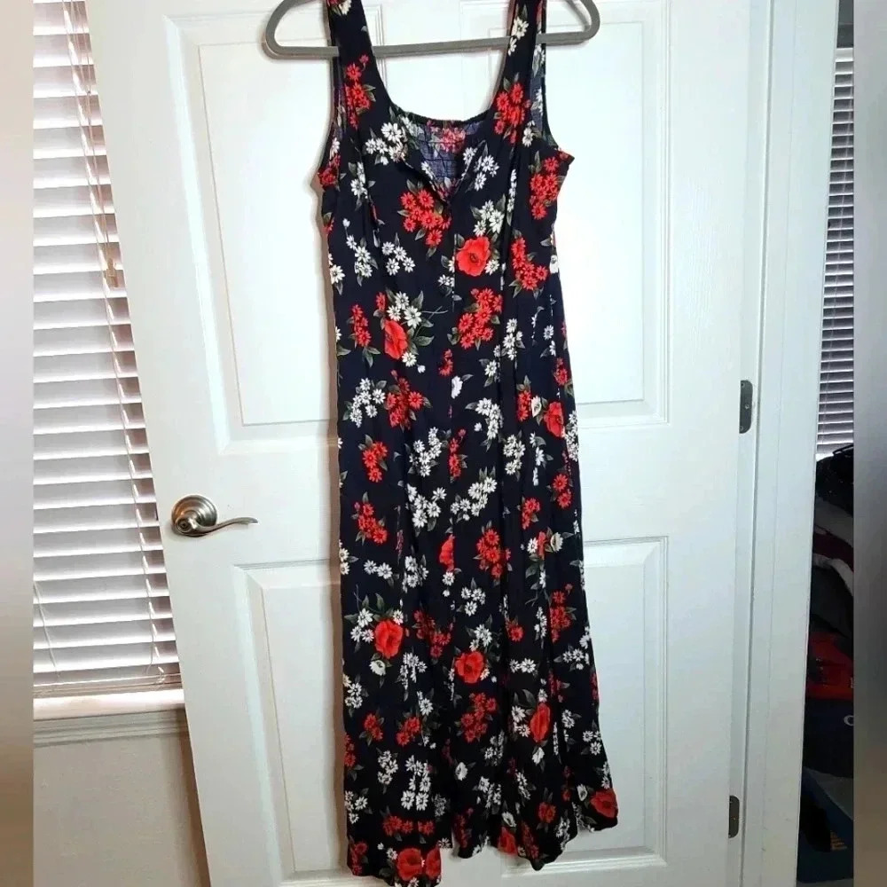 Gayla Bentley Floral Sleeveless Maxi Smock Dress Navy Red White - Picture 5 of 9